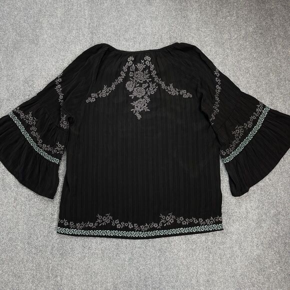 Savanna Jane Top Womens Large Black Embroidered Boho Floral Bell Sleeve - Picture 3 of 10
